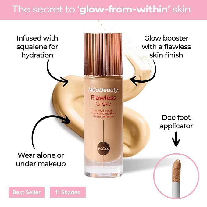 MCoBeauty Flawless Glow Luminous Skin Filter - 2.5 Fair - 4-in-1 Primer, Highlighter & Foundation Booster - Dewy Illuminating Tint Face Makeup with Squalane Vitamin E - Vegan & Cruelty Free