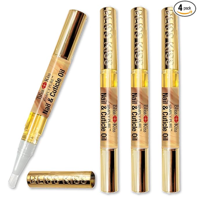 Bliss Kiss | 4 Vanilla Fragrance Nail Oil Cuticle Pens w/Vitamin E & Jojoba⏤Nail Strengthener Nail Growth Serum for Brittle Peeling Breaking Thin Nails