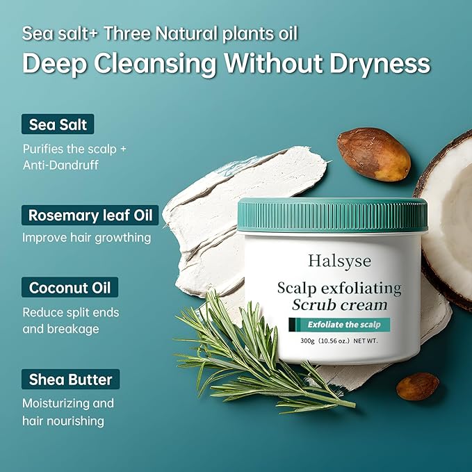 Sea Salt Cleansing Scalp Scrub & Exfoliating Shampoo - for Itchy、Dandruff Scalp with Excess Oil and Buildup | Gently Soothes & Care Hair and Scalp with Rosemary Oil、Coconut Oil & Shea Butter
