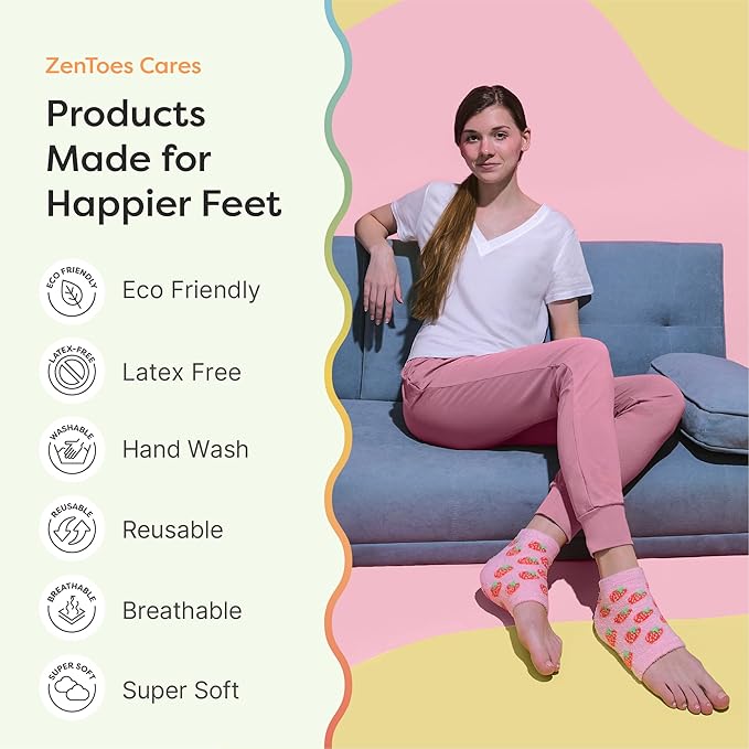 ZenToes Moisturizing Socks for Cracked Heel Treatment, Vitamin E, Olive Oil and Jojoba Oil Infused Heel Socks, Spa Gifts for Women, Mothers Day Gifts (Pink Strawberries, Regular)