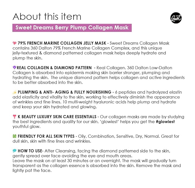 glowiest Sweet Dreams Berry Plump Collagen Mask Set of 3, Lifting & Hydrating Face Collagen Jelly Mask, 79% Collagen, Elastin, Hyaluronic Acids, Polyglutamic Acid, Peptides, Korean Skincare