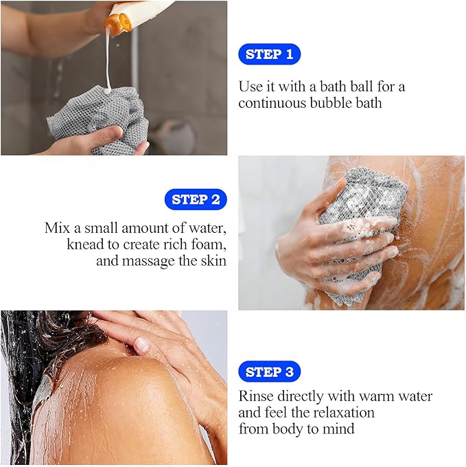 African Net Sponge - Deep Exfoliating Body Scrubber - Ultra Long African Net Sponge Reaches All Back Areas, Gently Buffs Away Dry Flaky Skin for a Renewed Feel, Home Spa Experience（Gray）