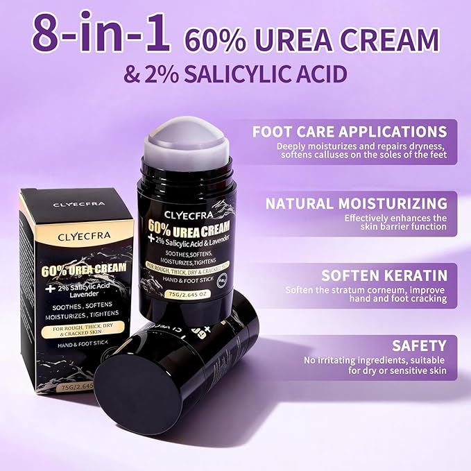 8-in-1 60% Urea Balm with 2% Salicylic Acid & Lavender, Hand & Foot Stick, Urea Cream 60 Percent for Feet Maximum Strength for Rough, Dry, Thick & Cracked Skin, Callus Remover, Deep Hydration