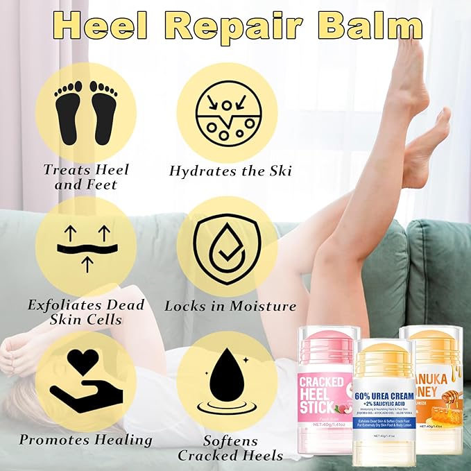 Charunee 3Pcs Cracked Heel Stick,Anti Crack Foot Cream Stick Heel Balm for Dry Cracked Feet Foot Care Cream Roll On Suitable for Women Men(Peach& Honey&Avocado)