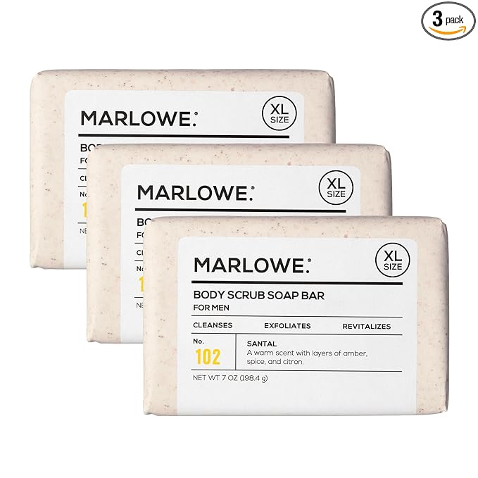 MARLOWE. No. 102 Body Scrub Soap 7 oz (3 Bars), Santal, Exfoliating Soap Bar with Shea Butter, Olive Oil & Green Tea Extracts, Cleanses, Smooths & Revitalizes Skin, Warm Amber, Spice & Citron Scent