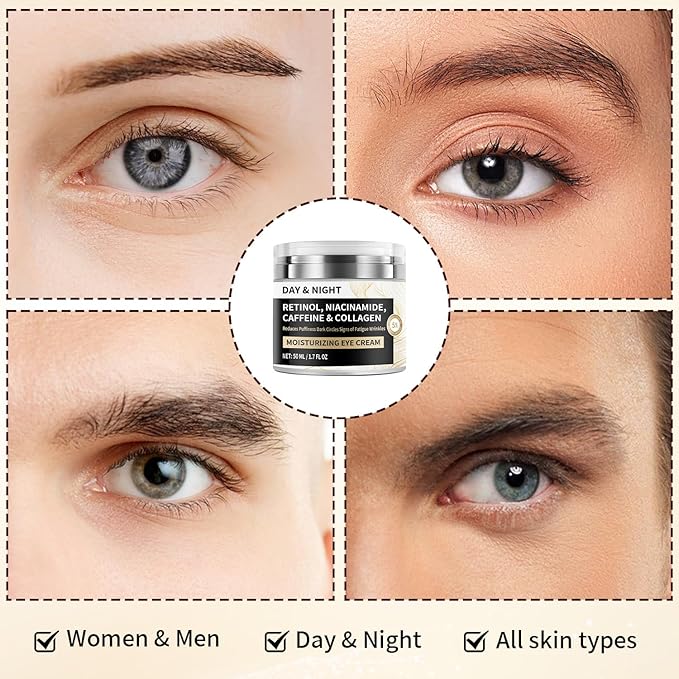 Day & Night Eye Cream with Caffeine, Niacinamide, Retinol & Hyaluronic Acid - Eye Cream for Anti-Aging, Dark Circles, Puffiness & Hydrated, Reducing Fine Lines & Wrinkles, Youthful Eyes, 1.76oz