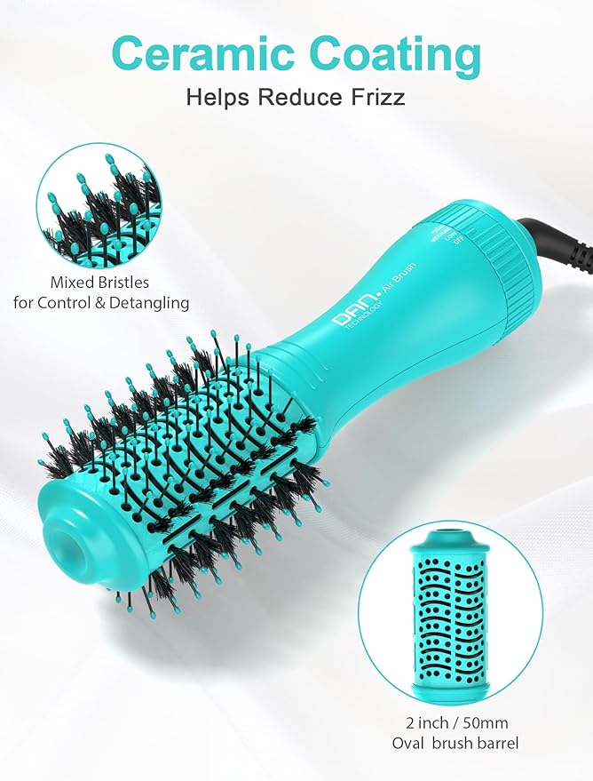 Mini Travel Blow Dryer Brush for Short to Medium Hair, 2 Inch Oval Hot Air Brush with Ceramic Coating, 3 Heat Settings for Smooth, Voluminous Blowouts, 120V(Cyan)