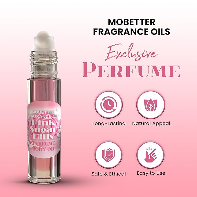 MOBETTER FRAGRANCE OILS Pink Sugar Hills Women Perfume Body Oil, notes of raspberry, cotton candy, and vanilla, creating a floral and fruity scent, travel size long lasting scent