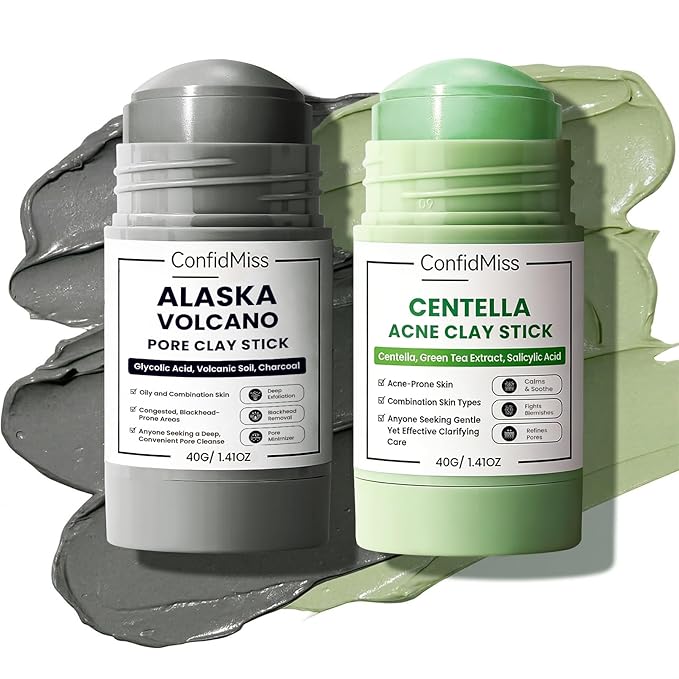 Clay Mask Stick for Blackheads, Deep pore Cleansing, Exfoliator Blackhead Remover Pore Cleanser Gentle Exfoliation Skin, Hydrating & Moisturizing Face Mud Mask for All Skin Types (Gray+Green)