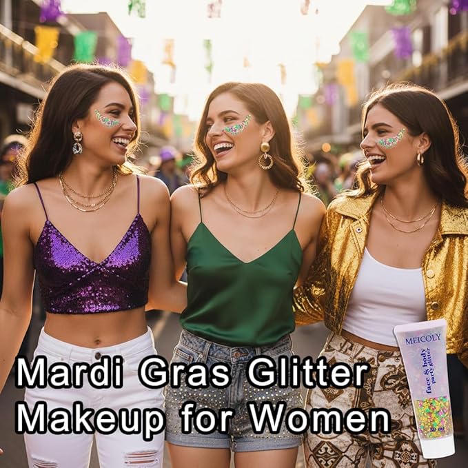 MEICOLY Mardi Gras Face Glitter Gel, Holographic Face Glitter, Skin-Friendly Hair Accessories for Kids & Adults, Gold Green Purple Mixed Chunky Glitter for Mardi Gras Carnival,Festival Party