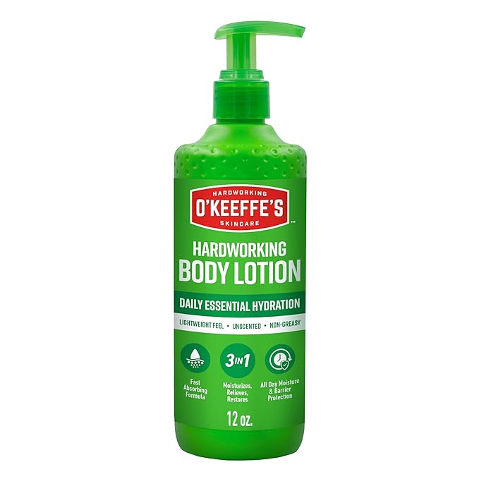 O’Keeffe’s Hardworking Body Lotion, Daily Hydration for Dry Skin, 12 oz Pump (1 Pack) Non Greasy & Unscented, Lightweight Fast Absorbing Formula
