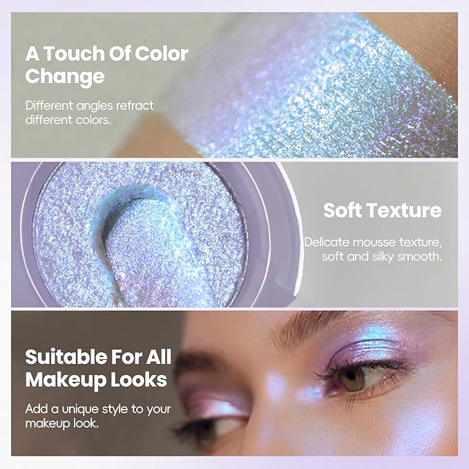 HOSAILY Holographic Blue Purple Glitter Eyeshadow, Multichrome Shimmer Color Shifting Single Eyeshadow, Chameleon Metallic Iridescent Eye Shadow Palette Bouncy Texture Fairy Highlighter Makeup #3