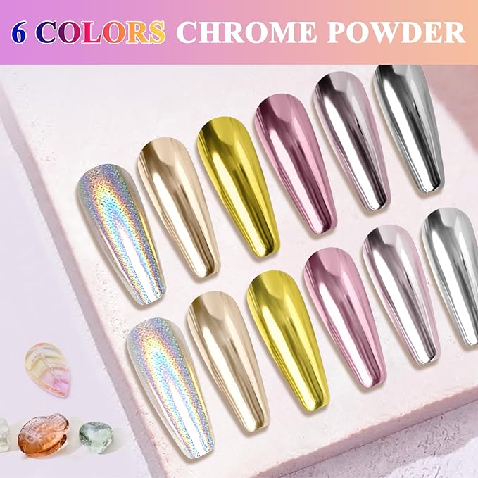 Gold Silver Chrome Nail Powder, DRMODE 6 Colors Metallic Mirror Effect Pink Light Purple Champagne Chrome Powder for Nails, Unicorn Iridescent Holographic Pigment Dust for Nail Art