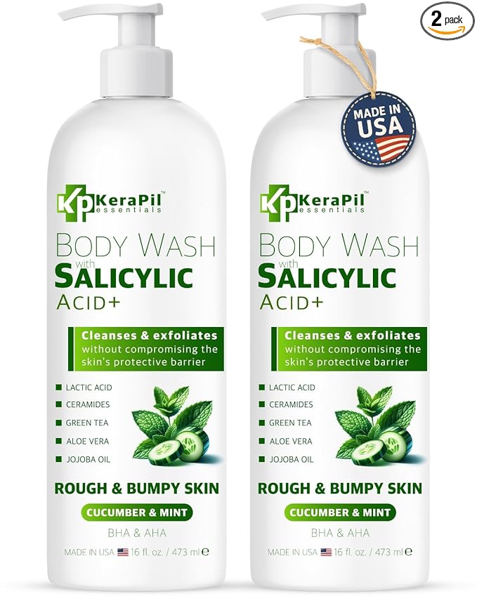 KERAPIL Exfoliating Body Wash with Salicylic Acid - No Dry Out, Gentle Exfoliates Rough and Bumpy Skin, Body Acne Wash, BHA & AHA - Cucumber and Mint Salicylic Acid Body Wash - (16 fl oz x 2)