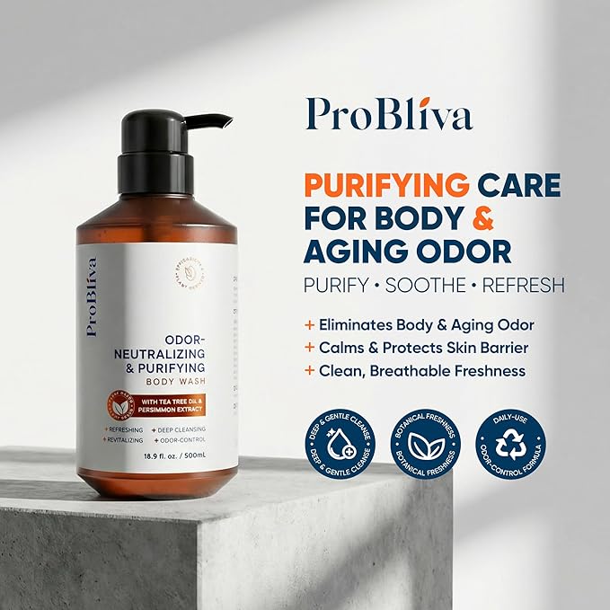 ProBliva Persimmon Body Wash & Soap for Aging Odor: Purifying & Odor-Neutralizing (500mL) for Older People Smell with Tea Tree Oil & Green Tea - Japanese Deodorizing & Eliminator for Adults & Seniors