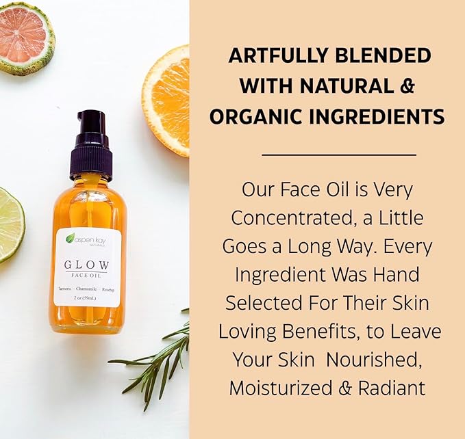 Aspen Kay Naturals Glow - Turmeric & Rosehip Face Oil, Natural & Organic Face Moisturizer with Turmeric, Camellia, Sea Buckthorn and Chamomile - Facial Serum - 2 oz