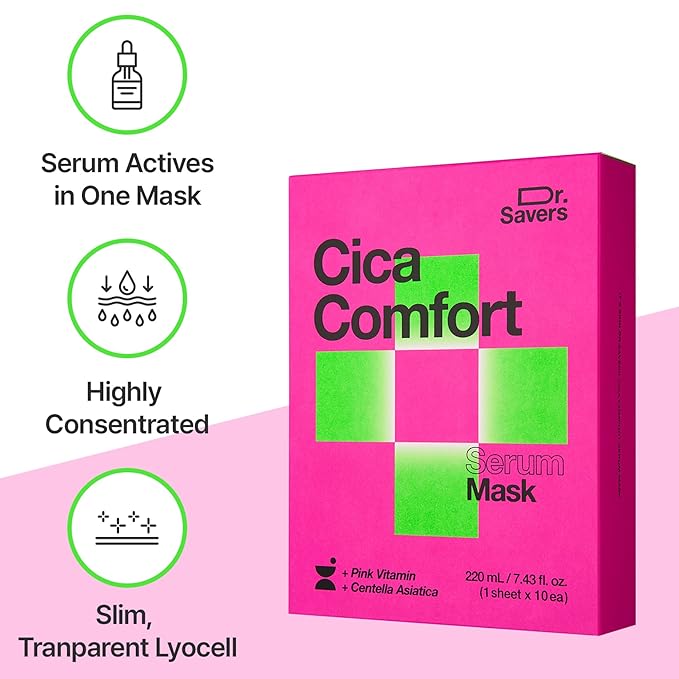 Dr. Savers Cica Comfort Face Serum Mask, 0.74 Fl Oz, Centella Asiatica, Acne Soothing, Lightweight Skin Barrier Repair, Irritated Sensitive Skin, Personalized Korean Skincare, 10 Sheets