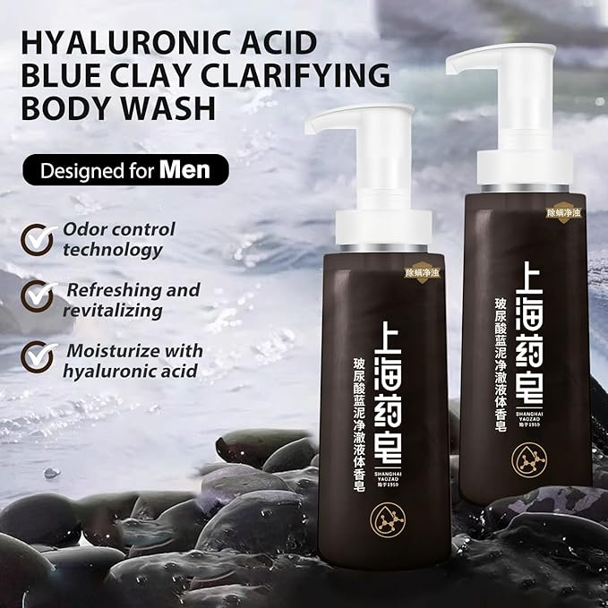 Bee & Flower Mens Body Wash Hyaluronic Acid Blue Clay Clarifying Bath Soap for Men Deep Cleansing Lightly Moisturizing Shampoo and Body Wash - 16.8 Fl Oz