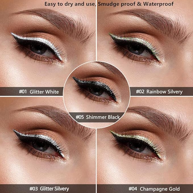 Go Ho Glitter Liquid Eyeliner Colorful Set,5 Colors Metallic Shimmer White Black Silver Gold Diamond Eyeliner,Glitter Eye Liner Sticks,Waterproof Long Lasting Sparkle Eye Makeup