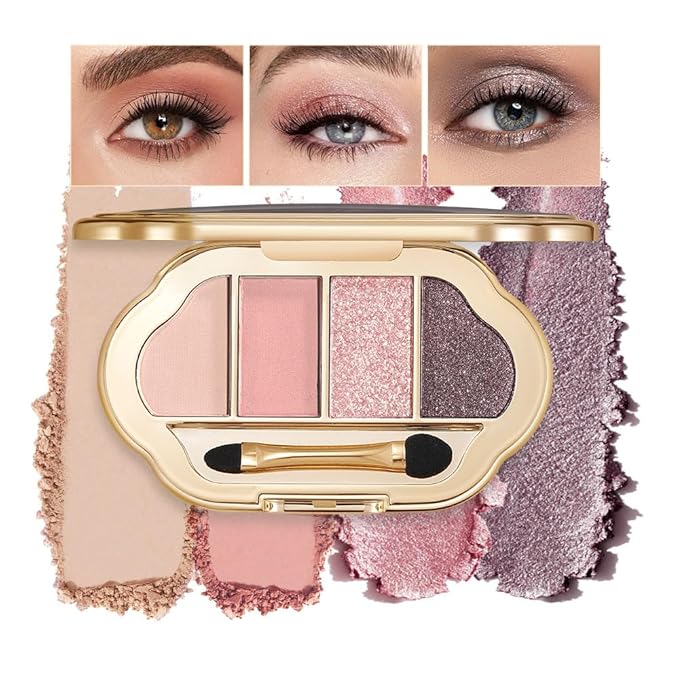 4 Colors Neutral Nude Eyeshadow Palette, Matte Shimmer & Glitter Shades, Pink Rose Plum Brown Warm Tones, Blendable Long-Lasting Eye Makeup for Mature Women, Blue & Green Eyes, Natural Daily Look 04