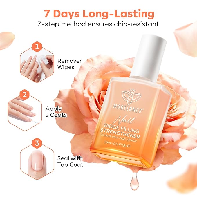 modelones Nail Strengthener and Growth, Nude Apricot Nail Polish No Harsh Smell Repair for Damaged Thin Nails Hardener Extra Strong Treatment for Women Nail Care Natural Ridge Filler Concealer 15 ML