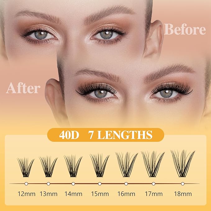 QUEWEL DIY Lash Extension Kit, 280 Pcs Lash Clusters Kit 40D Individual Lashes Eyelash Extension Kit with Lash Bond and Seal Lash Tweezers (LSTZ-40D)