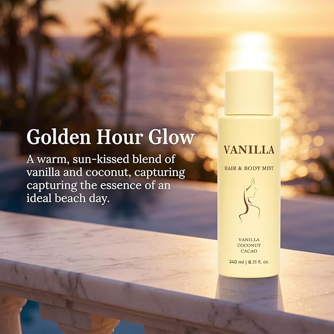 Vanilla Hair and Body Mist, Lightweight Tropical Vanilla Scent, with Vanilla, Coconut, Cacao, Natural & Ocean Scent, Hydrating Mist for Skin & Hair, Long-Lasting Fragrance