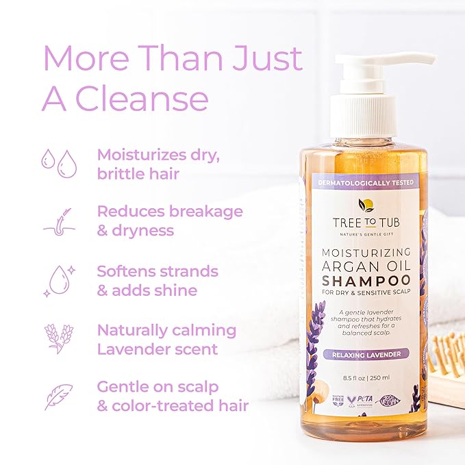 Tree To Tub Lavender Dry Hair Shampoo for Sensitive Scalp - Gentle Hydrating Dry Scalp Shampoo for Women & Men, Moisturizing Sulfate Free Shampoo w/Organic Argan Oil, Chamomile, All Natural Aloe Vera