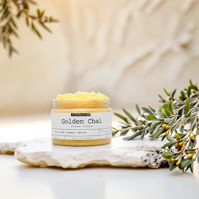Golden Chai Sugar Scrub – Exfoliating Body Scrub with Honey, Orange, Turmeric, Vanilla – Gentle Exfoliating and Cleansing Impurities, Dead Skin Cells – Suitable for All Skin Types – 12 oz