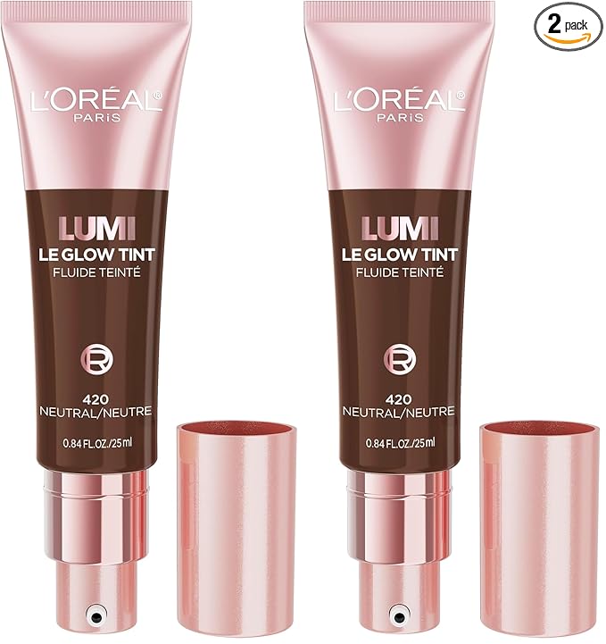 L'Oreal Paris Lumi Le Glow Skin Tint, Lightweight Water-Based Tinted Serum with Foundation-Like Coverage, Glow Illuminator, Neutral 420, 0.85 Fl Oz (Pack of 2)
