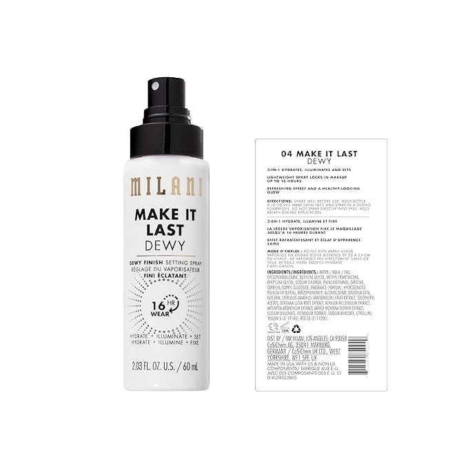 Milani Setting Spray + Primer, Make It Last Dewy - Dewy Finish Moisturizing Formula for Glow on the Go, Setting Spray for Makeup and Face Primer, Prime + Set + Hydrate, 2.03 Fl. Oz - 2 Pack