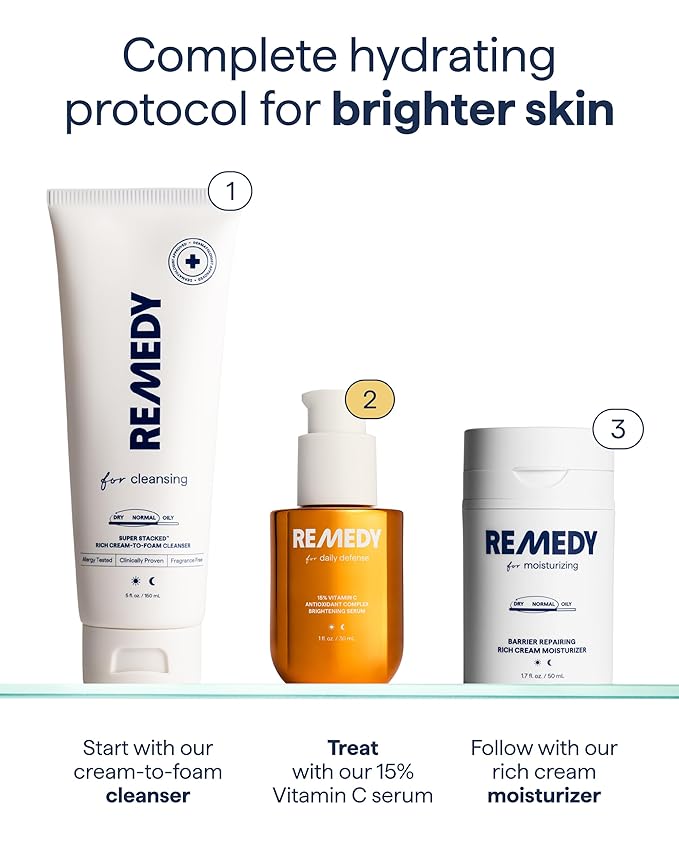 Remedy for Daily Defense | 15% Vitamin C Complex Brightening Serum | Stabilized Vitamin C with Next-Gen Antioxidants, Ferulic Acid, Ectoin | Fragrance Free | By Dermatologist Dr. Shah | 1 Fl Oz