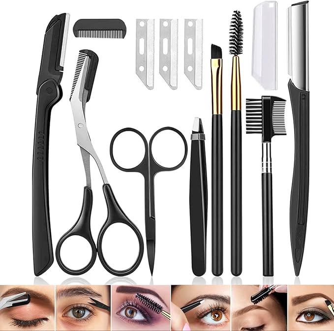 12 in 1 Eyebrow Trimmer Kit Eye Brow Scissors, Eyebrow Razor, Eyebrow Comb, Eyebrow Comb Scissor, Eyebrow Brush,Folding Eyebrow Knife, Scissors Razor, Eyebrow Trimmer, Tweezers.