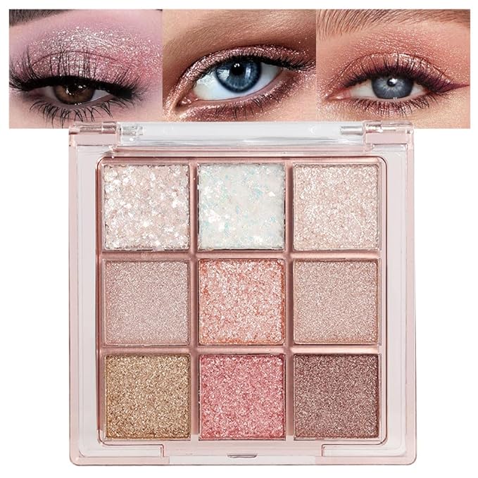 9Colors Sparkle Light Eyeshadow Makeup Palette,Shimmer Natural Neutral Powde Eye Shadow Palettes for Older Women,Long Lasting Naturing-Looking,Lightweight,Waterproof,Eye Makeup Kit Travel Size,Vegan