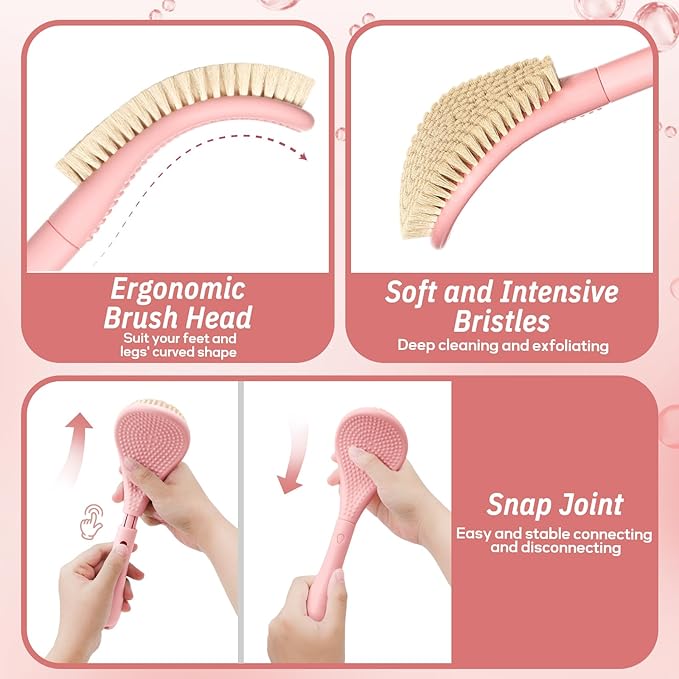 New Foot Brush & Foot File Set(2PCS), 3-in-1 Foot Scrubber in Shower, 10.2’’-27.5’’Adjustable Long Handle Foot Scrub Brush and Upgrade Foot File Callus Remover, Gift-Box Packed(Pink Set)