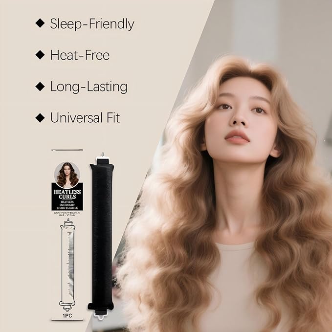 Heatless Hair Curls Overnight Curler - 4 Pcs Curling Rod to Sleep In, Velvet Hair Rollers with Satin Hair Scarf (Black)