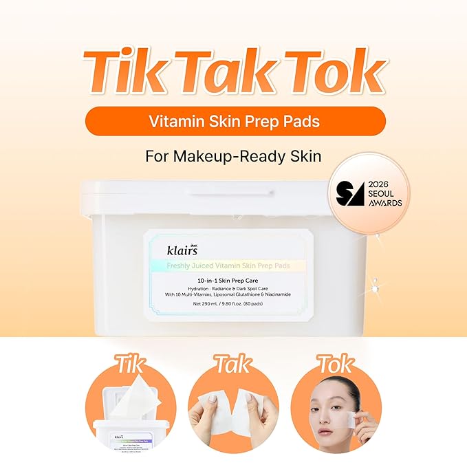 DearKlairs Freshly Juiced Vitamin Skin Prep Pads – Korean Makeup Prep Toner Pads with Liposomal Glutathione, 10 Vitamins, Hyaluronic Acid & Centella for Even Tone & Lasting Makeup Hold, 80 Pads