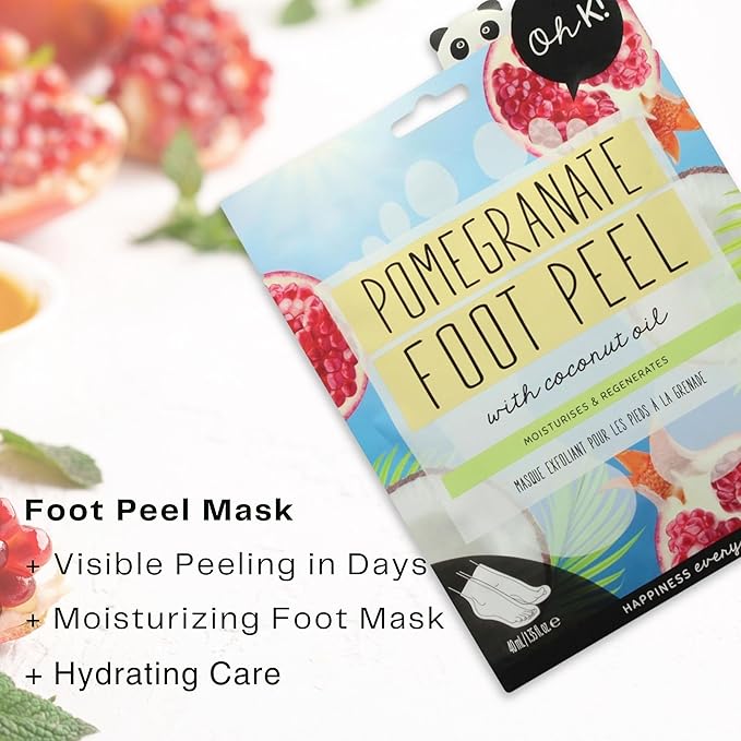 Oh K! Foot Peel Mask - Pomegranate - Foot Peeling Mask for Dry Feet and Cracked Heels - Feet Exfoliant with Pomegranate and Coconut Oil - 1 Pair