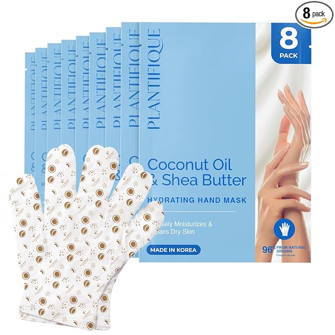 PLANTIFIQUE Hand Mask for Dry Hands – 8 Pairs Moisturizing Gloves with Shea Butter | Hyaluronic Acid & Macadamia | Korean Skincare | Vegan Spa Hand