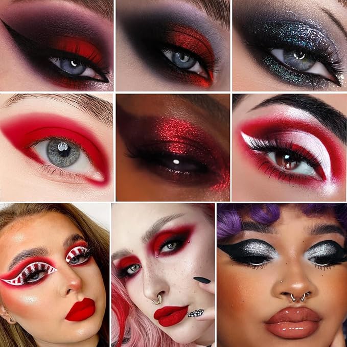 Afflano Black Red Eyeshadow Palette Goth Clown Halloween Makeup, White Silver Glitter Metallic Burgundy Black Eyeshadow Palette Highly Pigmented, Joker Vampire Christmas True Red Smoky Eye Makeup