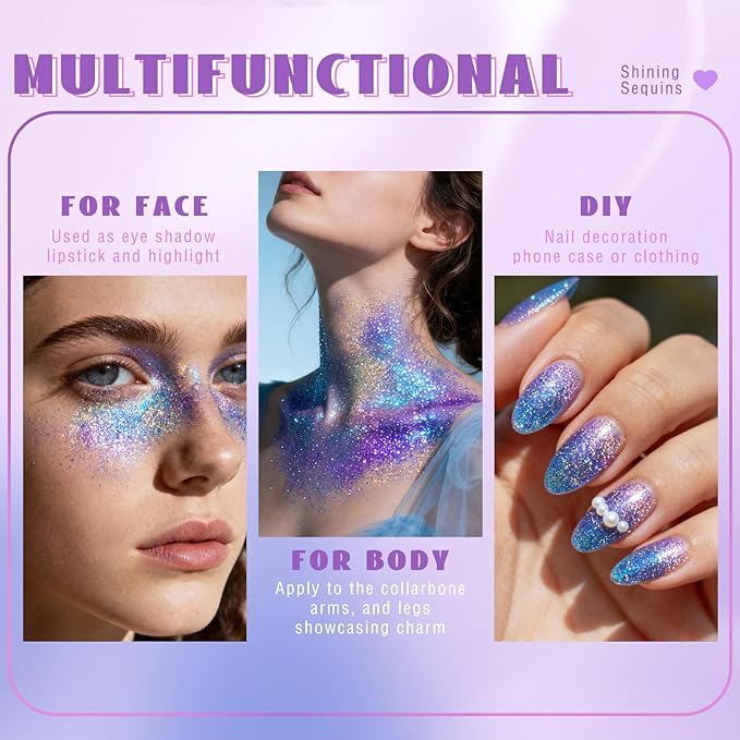 HOSAILY Roll-on Holographic Blue Body Glitter Gel for Face Hair, Chameleon Color Changing Face Paint Glitter Gel Mermaid Makeup, Chunky Sequins Festival Party Rave Accessories Shimmer Makeup