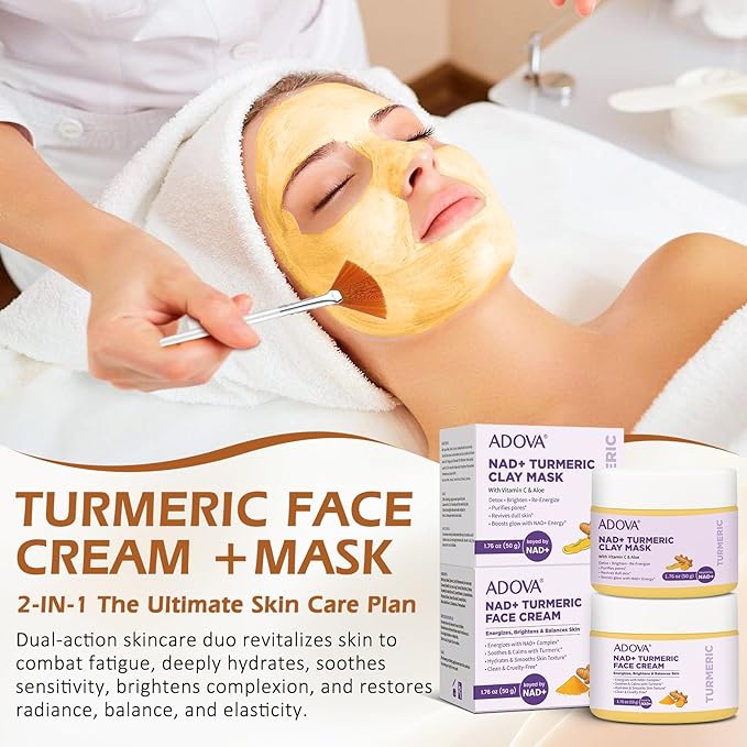 2-Pack All-Natural Turmeric Skin Cream & Nad+ Turmeric Clay Mask, Cleanses Skin, facial Repairand Moisturizing, Lighten Dark Spots, Evens Skin Tone & Anti-Aging