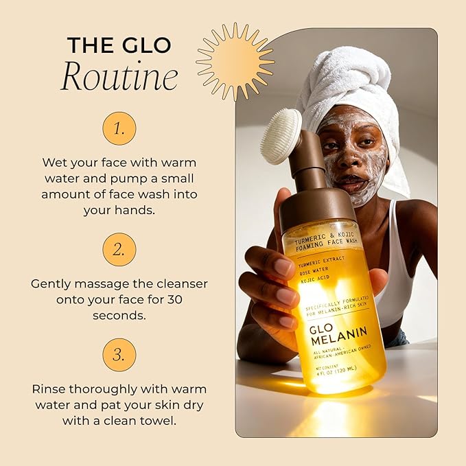 Glo Melanin Turmeric & Kojic Foaming Face Wash – Brightening Foaming Cleanser with Scrubber Top, Rose Water, Vitamin C, Aloe & Kojic Acid – Natural, Paraben-Free, 4 fl oz, 120 ml