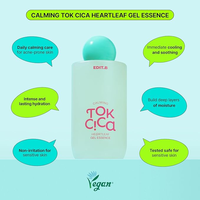 Calming Tok Cica Heartleaf Gel Essence, Cooling & Hydrating Facial Essence for Sensitive Skin, Lightweight Soothing & Relief Moisturizer, Korean Daily Skin Care (1.69 fl.oz / 50ml)