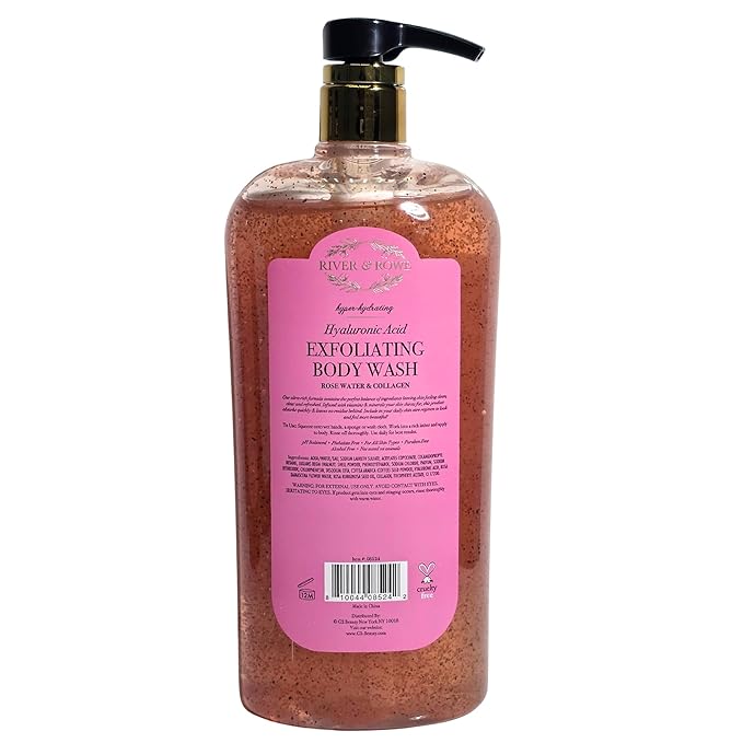 RIVER & ROWE Rose Water & Collagen Exfoliating Body Wash – Daily Body Cleanser With Hyaluronic Acid for a Moisturized & Renewed Skin Experience, Gentle Everyday Use Shower Gel for Women, 33.8 Fl Oz