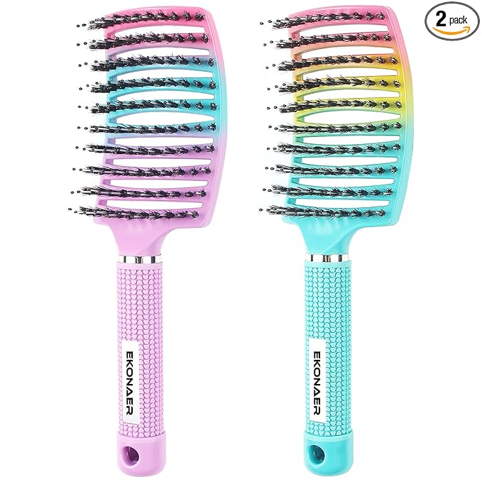 2 Pack Detangling Brush Getting Knots Out without Pain Adds Shine and Makes Hair Smooth,Detangler Boar Bristle Hair Brush for Adult & Kids Wet or Dry Hair(Green&Pink)