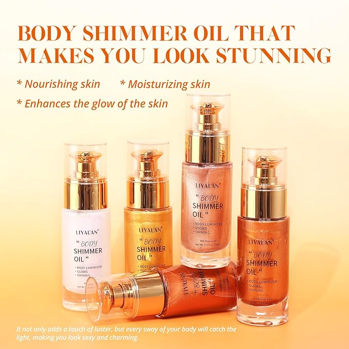 Liyalan Shimmer Body Oil Silver Color 1.0 fl.oz Face Glow Pearl Highlighter Illuminator Long-Lasting Shine Glitter Liquid Tanning with Makeup Brush