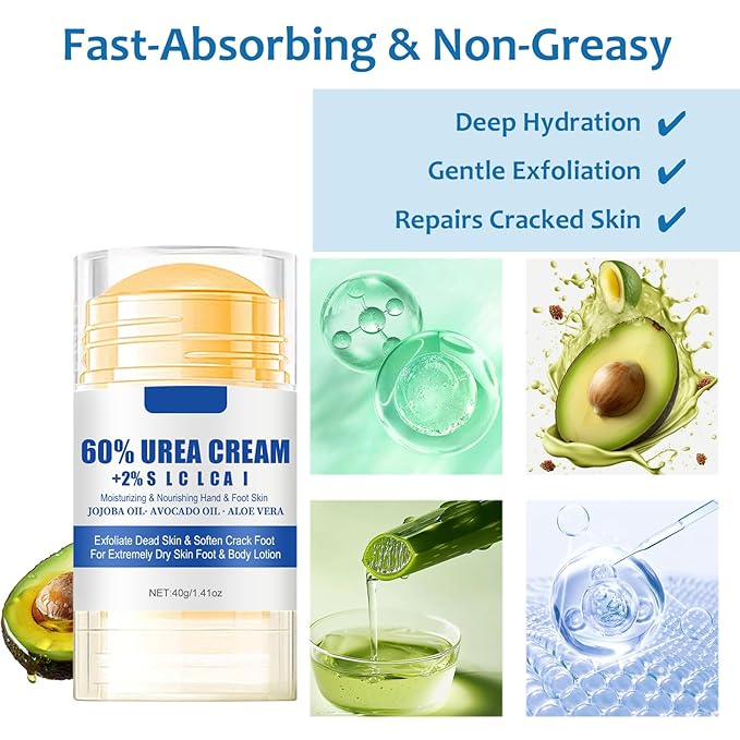 60% Urea Foot Cream Stick - Foot Care Balm Moisturizer for Dry Cracked Feet Hands Knees Elbows Hands Maximum Strength - 2Pcs Moisturizing Heel Balm Hydrates Calluses Remover Rough Skin Softener 1.41oz