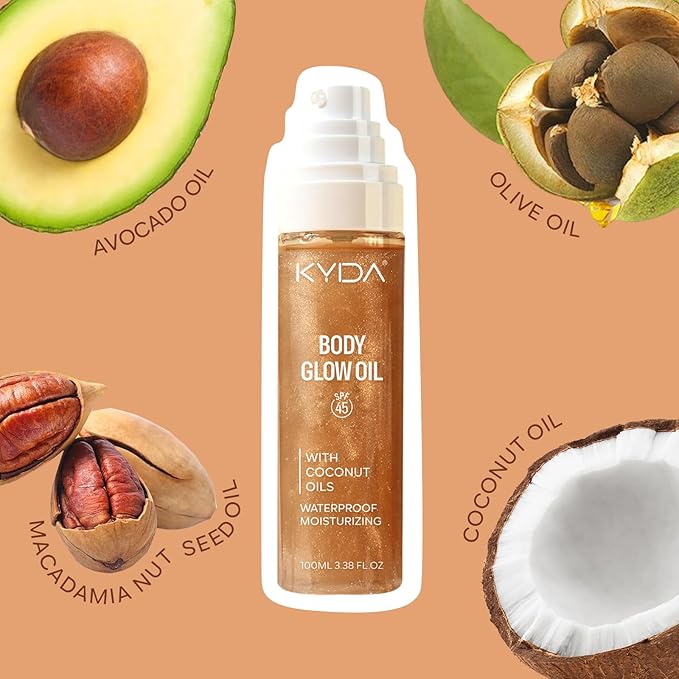 KYDA Travel Size Sunscreen, SPF 45 Body Glow Oil with Sequin Mica, Lightweight Moisturizing Coconuts Sunscreen SPF Glow Oil, Sun-kissed Shimmer Body Lotion, Water Resistant, 3.38 fl oz, AMBER