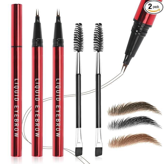 2PCS Microblading Eyebrow Pencils for Women with Eyebrow Brush, Waterproof & Lasts all Day & Highly Pigmented, 2-Fork Tip Precisely and Easily Create Natural Eye-brow Color Faux Brow (Light Brown)